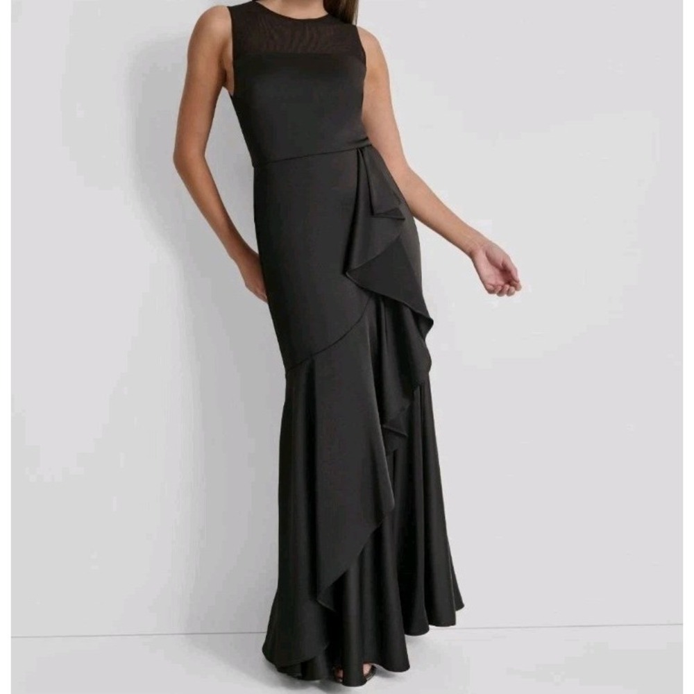 DKNY Women's Black Mesh-Yoke Ruffled Draped Crewneck Sleeveless Dress Size 12